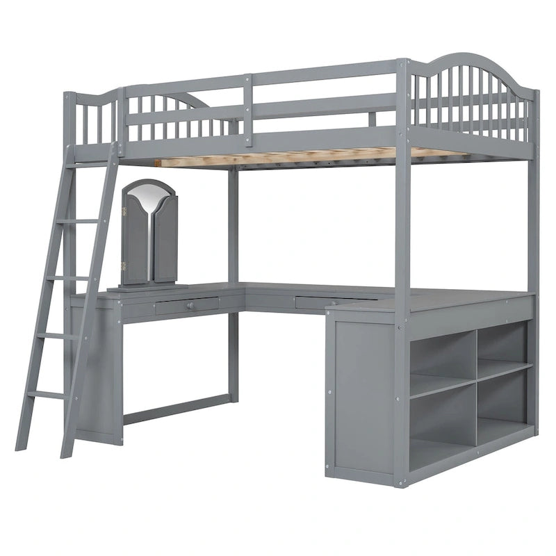 Lit mezzanine en bois massif avec bureau en U, compartiments de rangement et miroir triple.