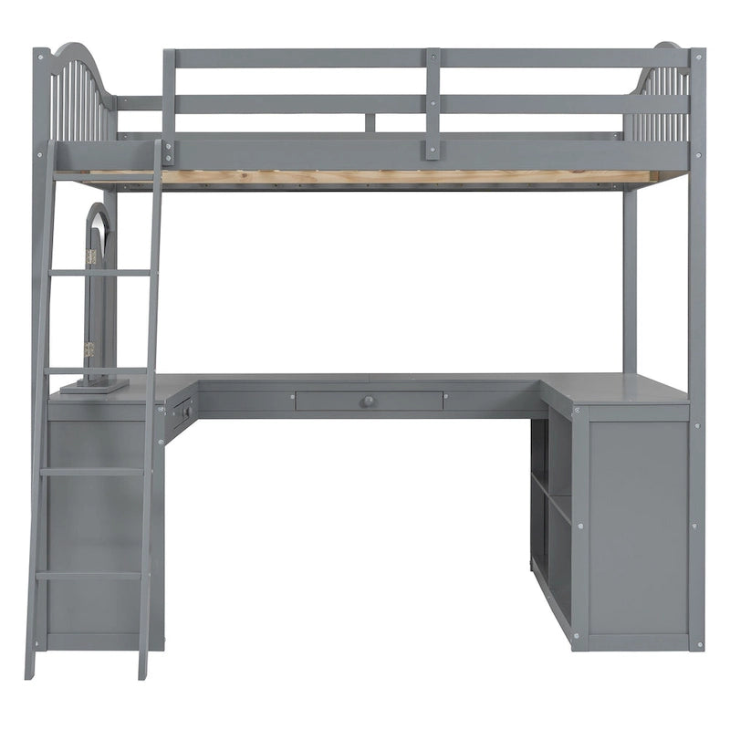 Lit mezzanine en bois massif avec bureau en U, compartiments de rangement et miroir triple.