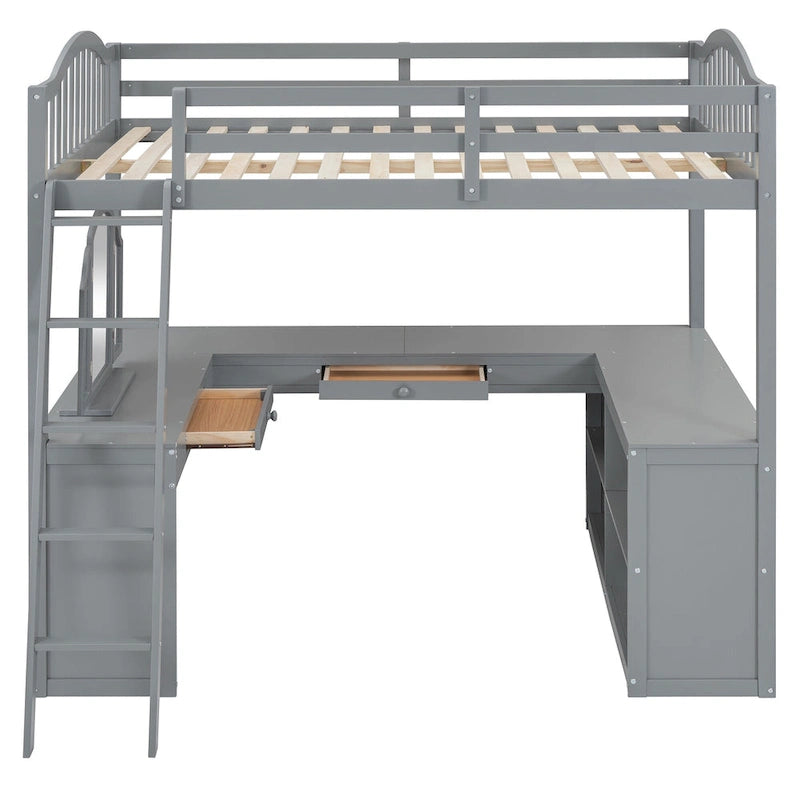 Lit mezzanine en bois massif avec bureau en U, compartiments de rangement et miroir triple.