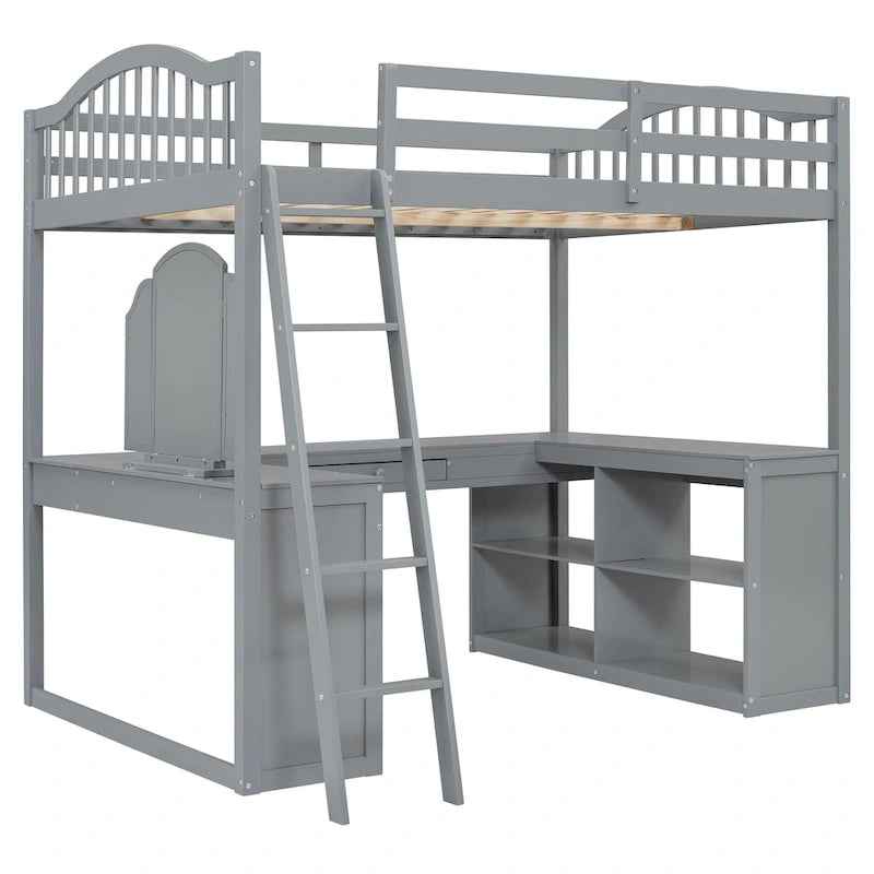 Lit mezzanine en bois massif avec bureau en U, compartiments de rangement et miroir triple.