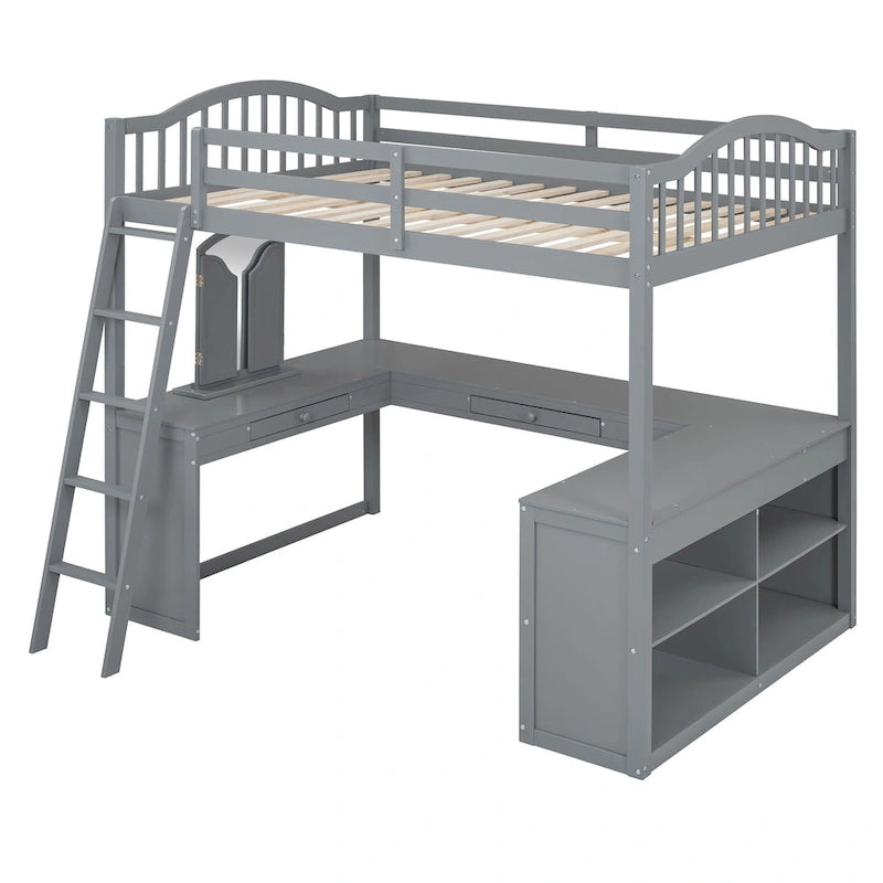 Lit mezzanine en bois massif avec bureau en U, compartiments de rangement et miroir triple.