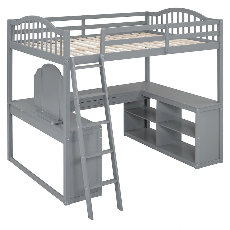 Lit mezzanine en bois massif avec bureau en U, compartiments de rangement et miroir triple.