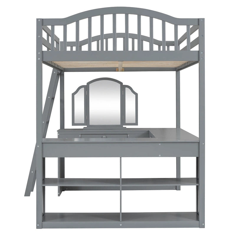 Lit mezzanine en bois massif avec bureau en U, compartiments de rangement et miroir triple.