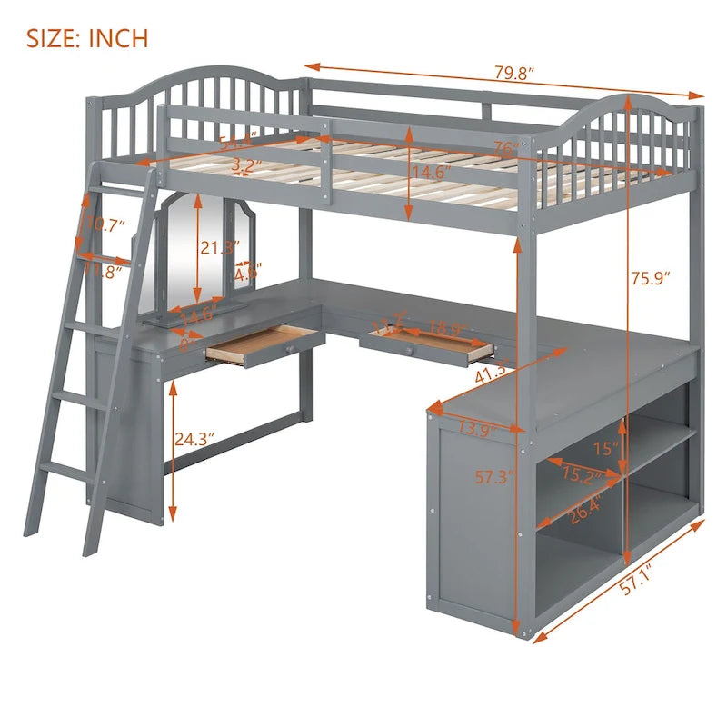 Lit mezzanine en bois massif avec bureau en U, compartiments de rangement et miroir triple.