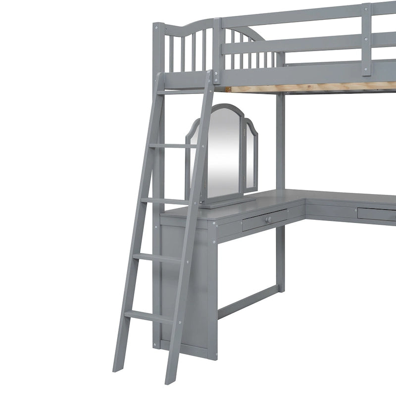 Lit mezzanine en bois massif avec bureau en U, compartiments de rangement et miroir triple.