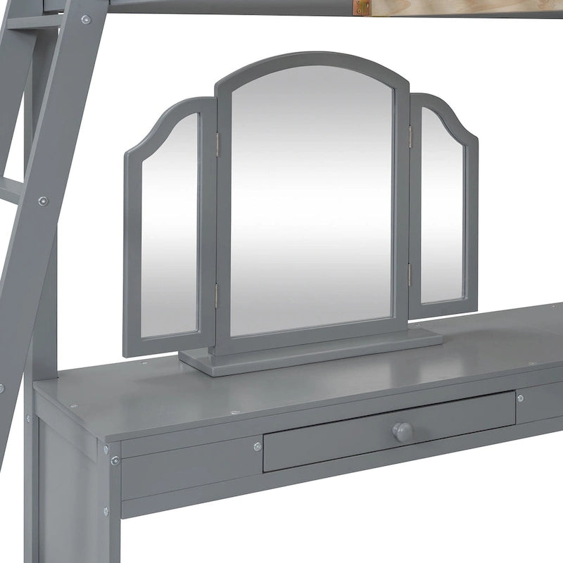 Lit mezzanine en bois massif avec bureau en U, compartiments de rangement et miroir triple.