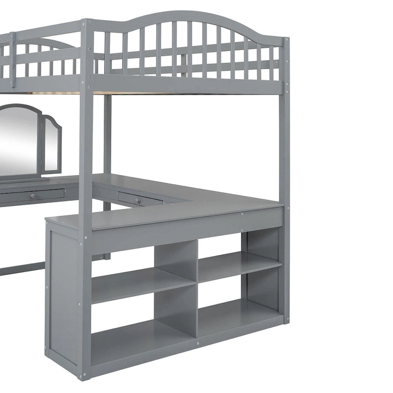 Lit mezzanine en bois massif avec bureau en U, compartiments de rangement et miroir triple.