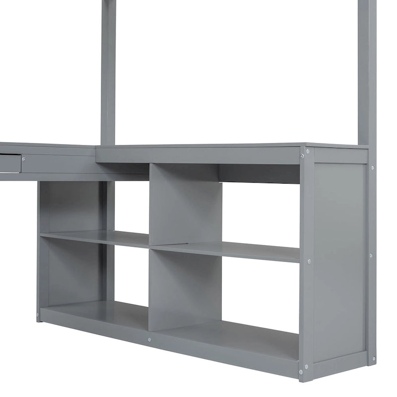 Lit mezzanine en bois massif avec bureau en U, compartiments de rangement et miroir triple.