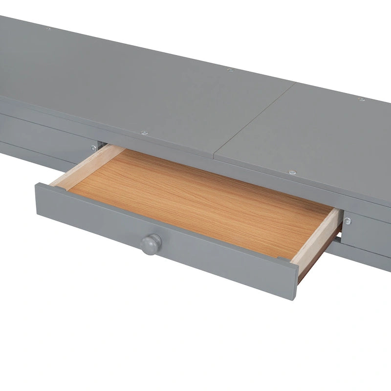 Lit mezzanine en bois massif avec bureau en U, compartiments de rangement et miroir triple.