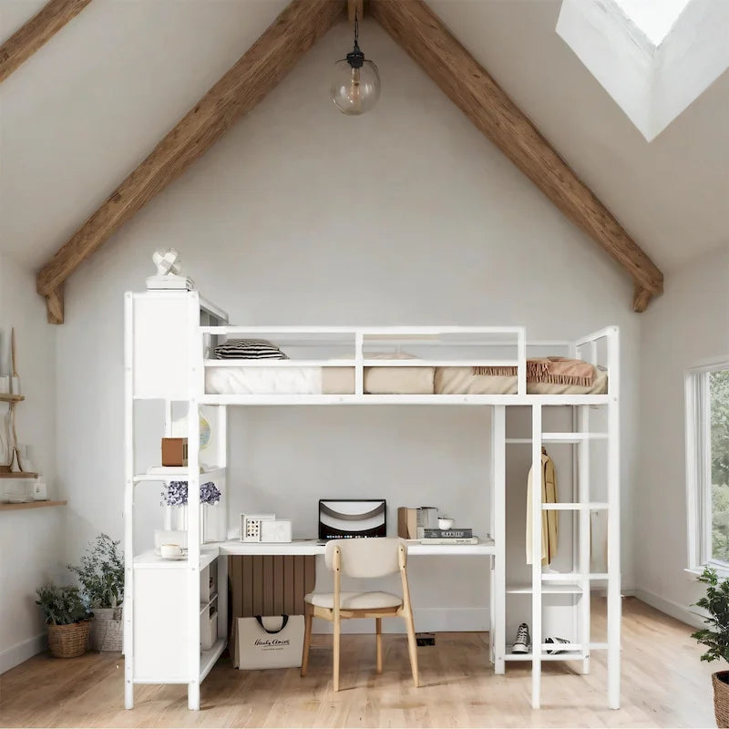 Lit mezzanine double en métal avec armoire, bureau en L et étagères