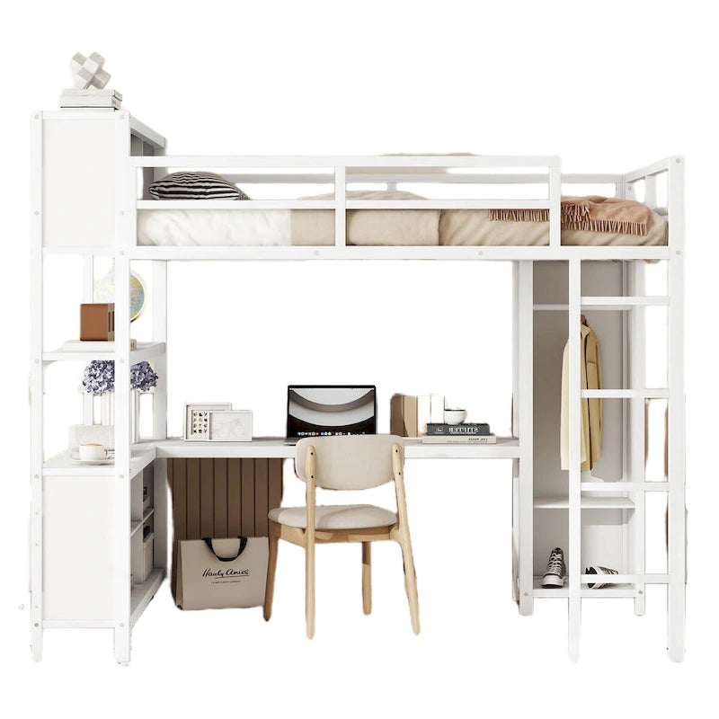 Lit mezzanine double en métal avec armoire, bureau en L et étagères