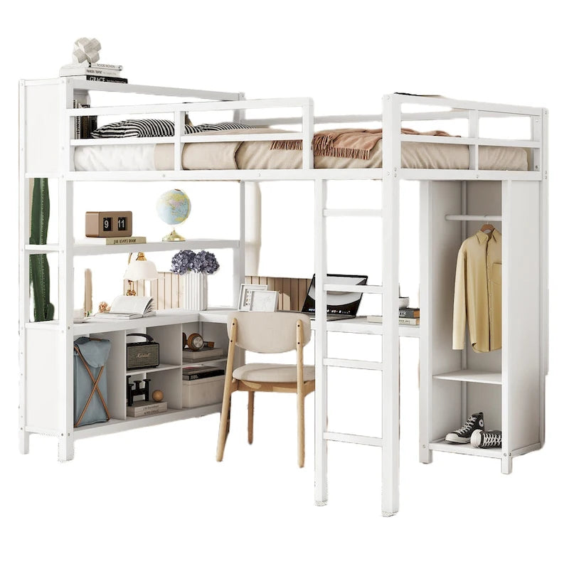 Lit mezzanine double en métal avec armoire, bureau en L et étagères