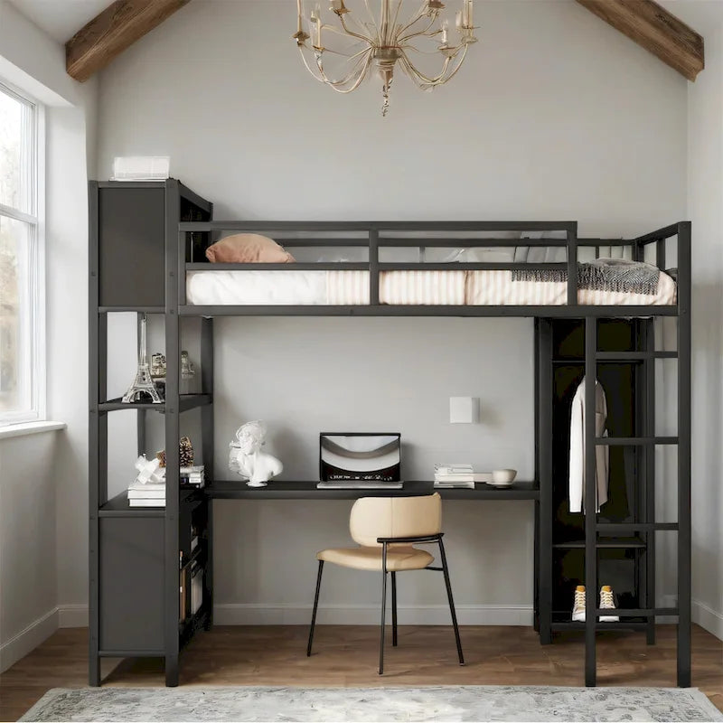 Lit mezzanine double en métal avec armoire, bureau en L et étagères