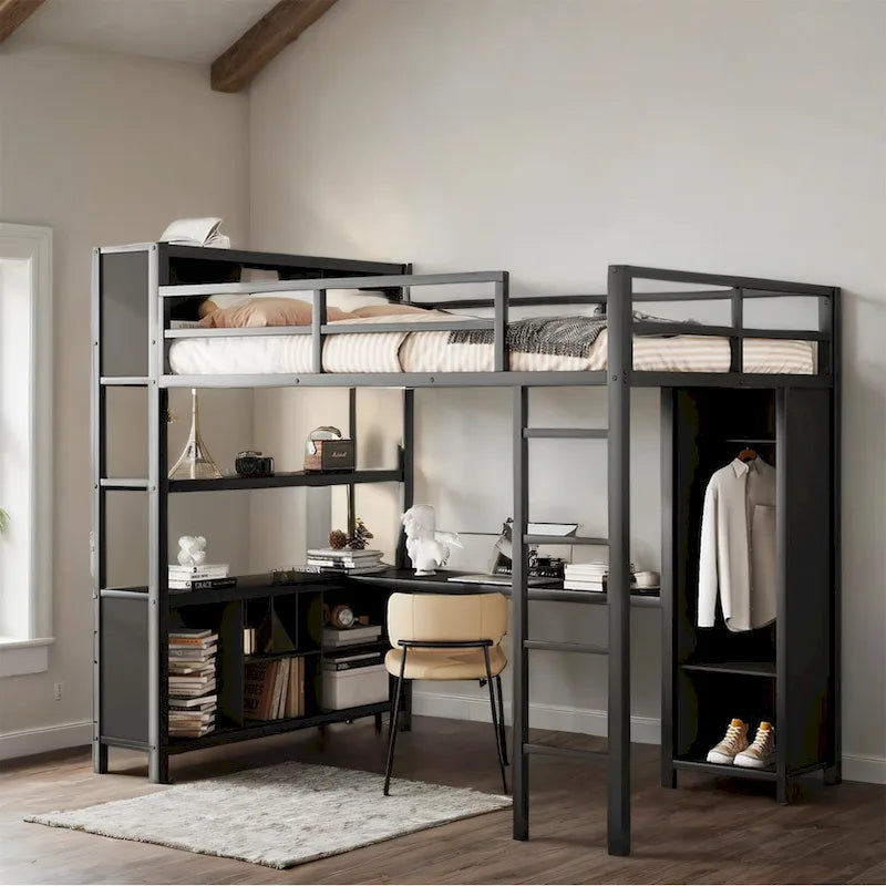 Lit mezzanine double en métal avec armoire, bureau en L et étagères