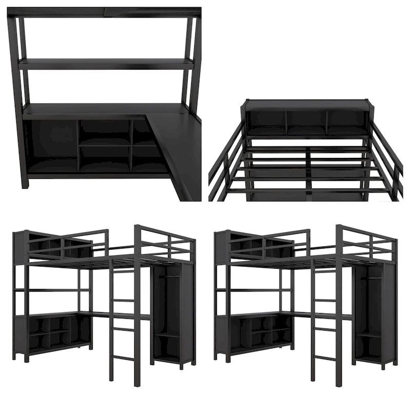 Lit mezzanine double en métal avec armoire, bureau en L et étagères