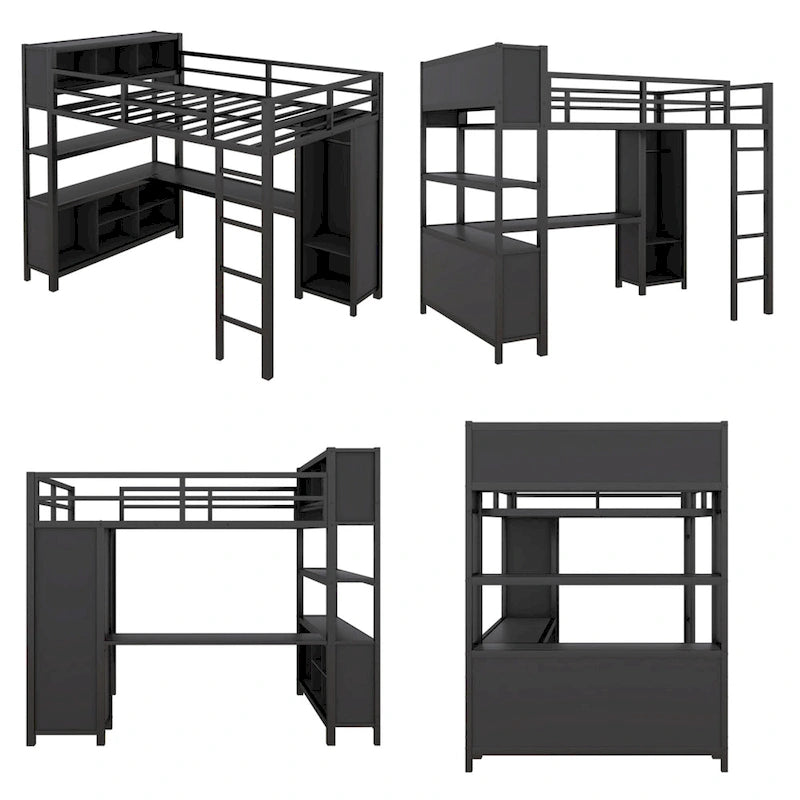 Lit mezzanine double en métal avec armoire, bureau en L et étagères