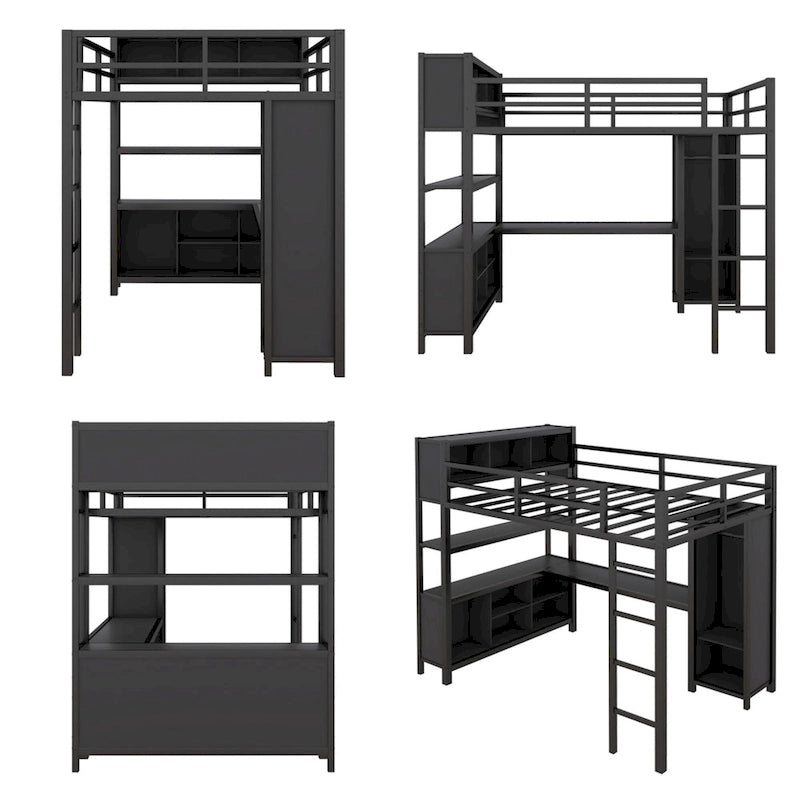 Lit mezzanine double en métal avec armoire, bureau en L et étagères
