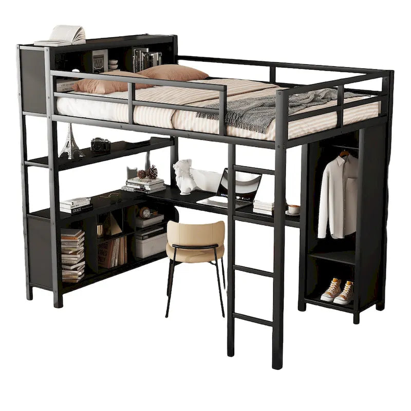 Lit mezzanine double en métal avec armoire, bureau en L et étagères