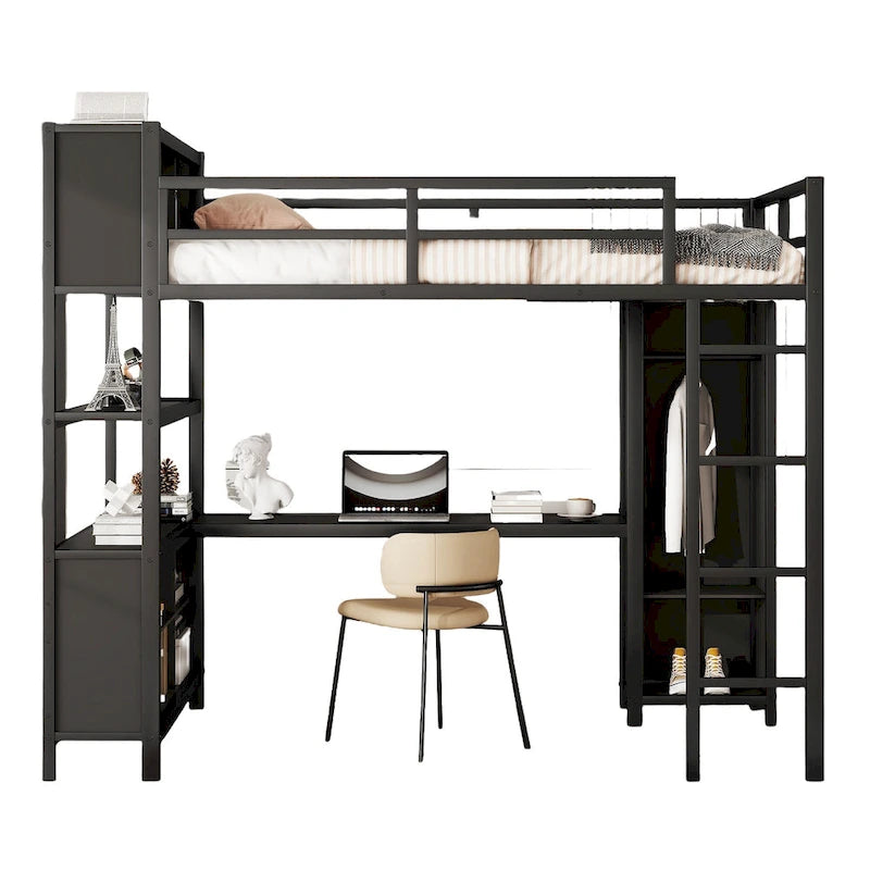 Lit mezzanine double en métal avec armoire, bureau en L et étagères