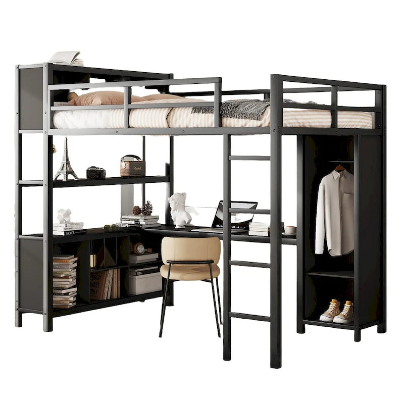 Lit mezzanine double en métal avec armoire, bureau en L et étagères