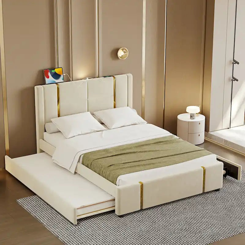 Lit double rembourré avec lit gigogne et 2 tiroirs, lit plateforme en velours beige avec chargeur USB et veilleuse