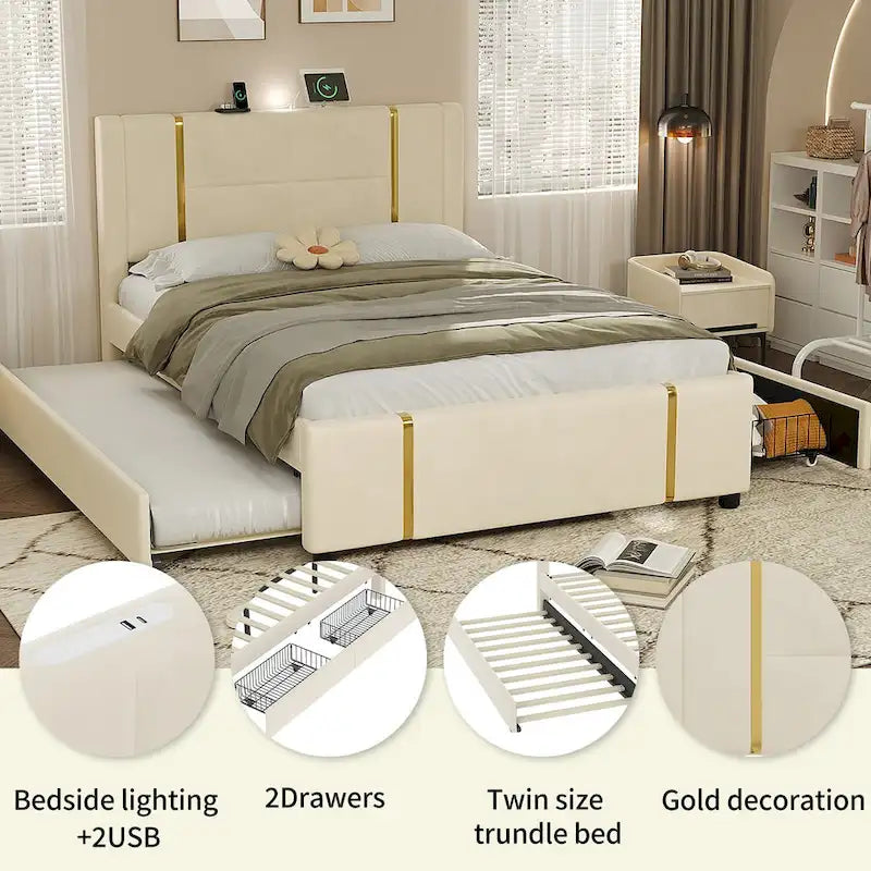 Lit double rembourré avec lit gigogne et 2 tiroirs, lit plateforme en velours beige avec chargeur USB et veilleuse