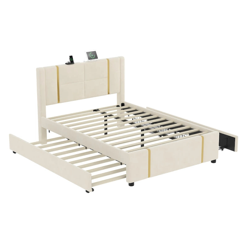 Lit double rembourré avec lit gigogne et 2 tiroirs, lit plateforme en velours beige avec chargeur USB et veilleuse