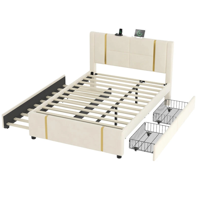 Lit double rembourré avec lit gigogne et 2 tiroirs, lit plateforme en velours beige avec chargeur USB et veilleuse