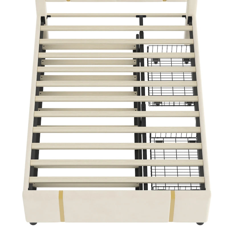Lit double rembourré avec lit gigogne et 2 tiroirs, lit plateforme en velours beige avec chargeur USB et veilleuse