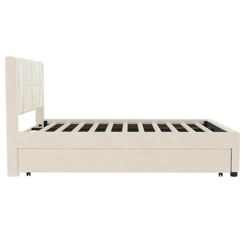 Lit double rembourré avec lit gigogne et 2 tiroirs, lit plateforme en velours beige avec chargeur USB et veilleuse