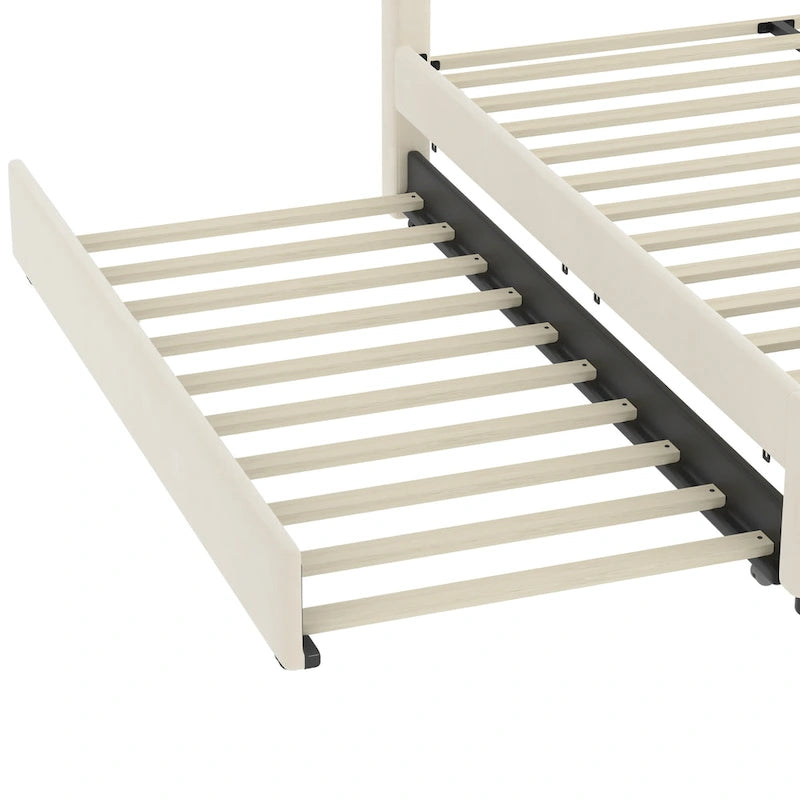 Lit double rembourré avec lit gigogne et 2 tiroirs, lit plateforme en velours beige avec chargeur USB et veilleuse