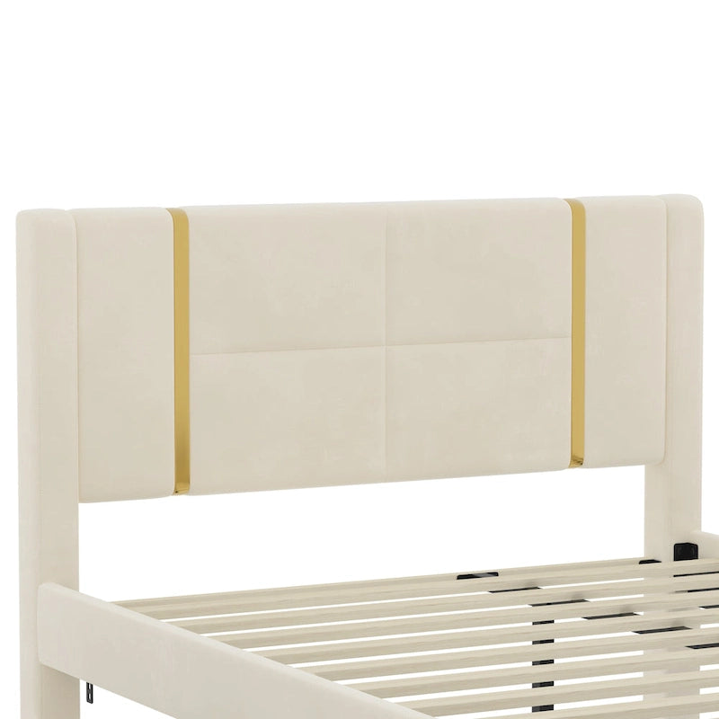 Lit double rembourré avec lit gigogne et 2 tiroirs, lit plateforme en velours beige avec chargeur USB et veilleuse
