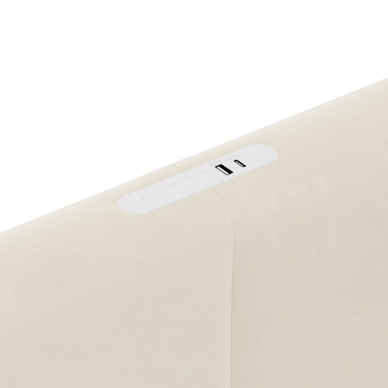 Lit double rembourré avec lit gigogne et 2 tiroirs, lit plateforme en velours beige avec chargeur USB et veilleuse
