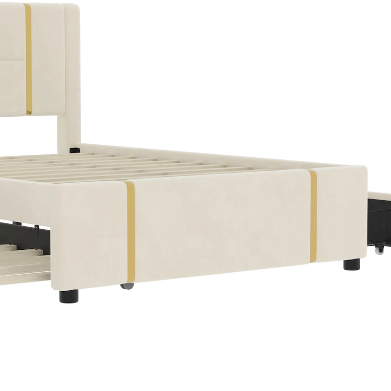 Lit double rembourré avec lit gigogne et 2 tiroirs, lit plateforme en velours beige avec chargeur USB et veilleuse
