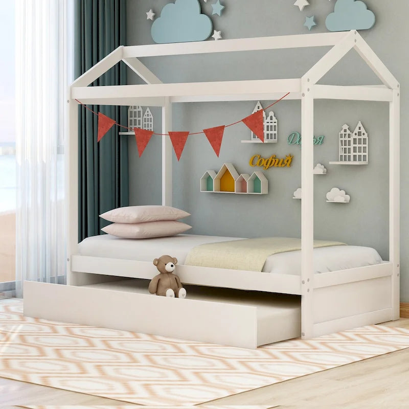 Lit cabane en bois double avec lit gigogne, lit gigogne extractible