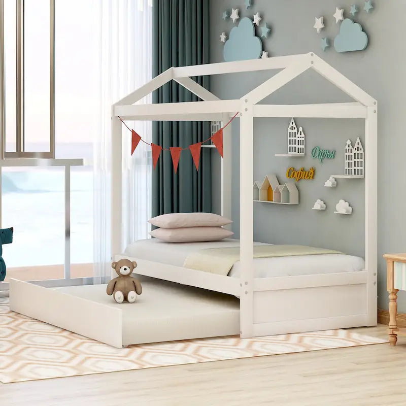 Lit cabane en bois double avec lit gigogne, lit gigogne extractible