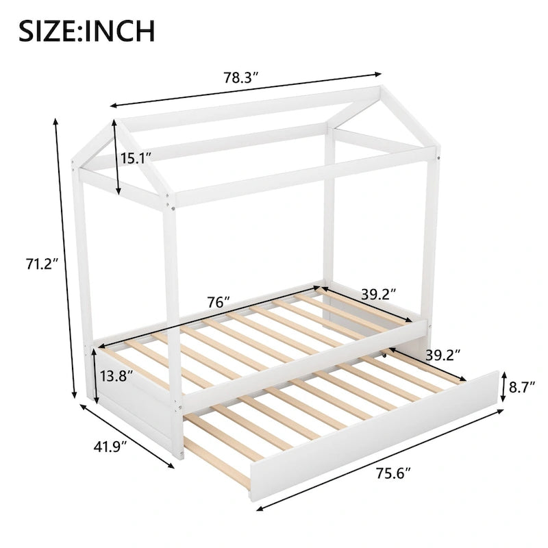 Lit cabane en bois double avec lit gigogne, lit gigogne extractible