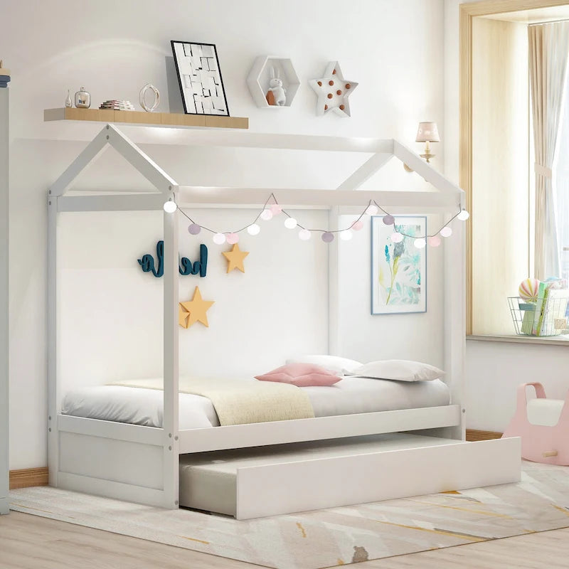 Lit cabane en bois double avec lit gigogne, lit gigogne extractible