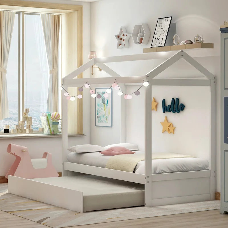 Lit cabane en bois double avec lit gigogne, lit gigogne extractible