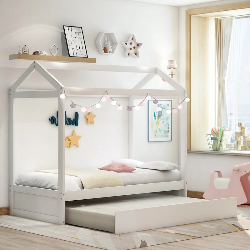 Lit cabane en bois double avec lit gigogne, lit gigogne extractible
