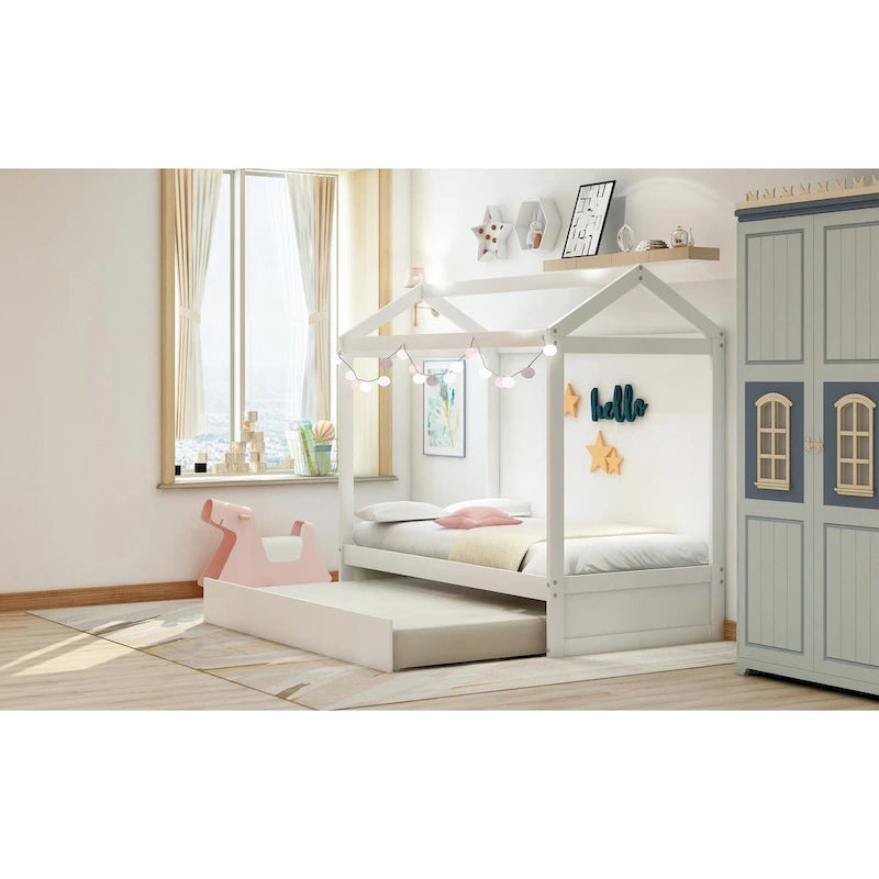 Lit cabane en bois double avec lit gigogne, lit gigogne extractible