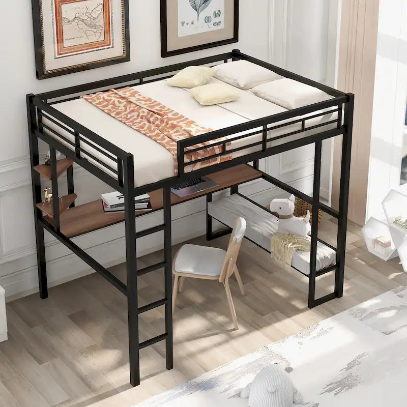 Lit mezzanine double en métal et MDF avec grand bureau et étagères