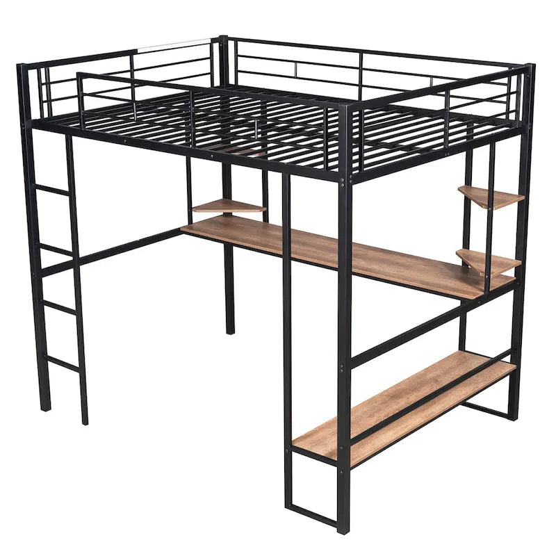 Full Size Loft Metal & MDF Bed with Long Desk and Shelves