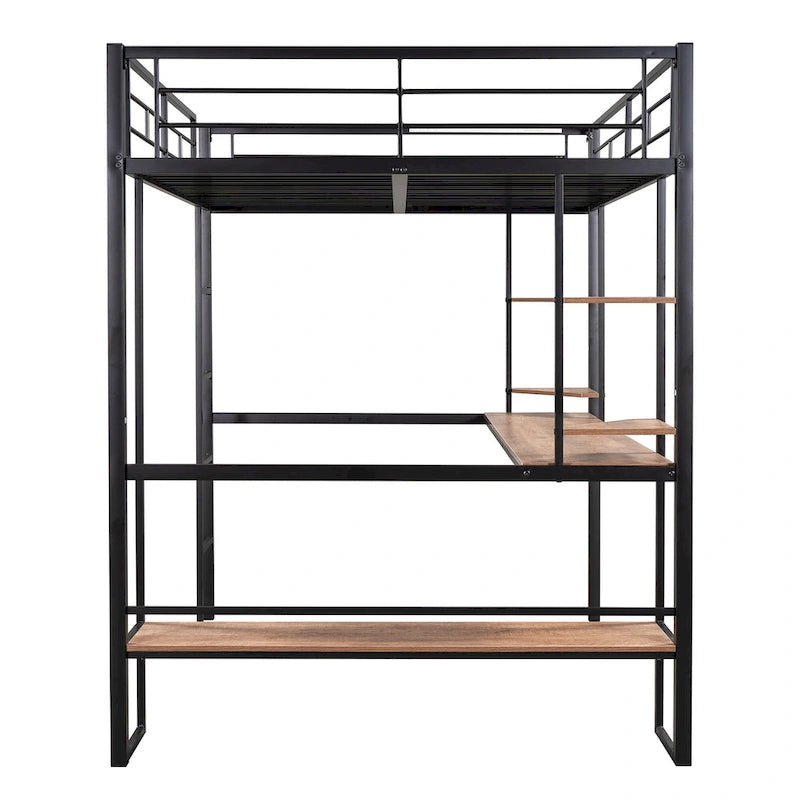 Lit mezzanine double en métal et MDF avec grand bureau et étagères