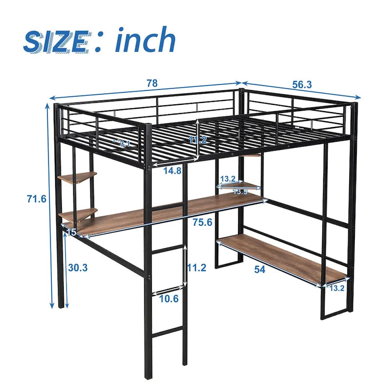 Lit mezzanine double en métal et MDF avec grand bureau et étagères