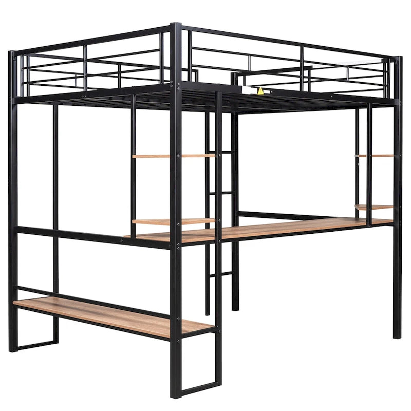 Lit mezzanine double en métal et MDF avec grand bureau et étagères