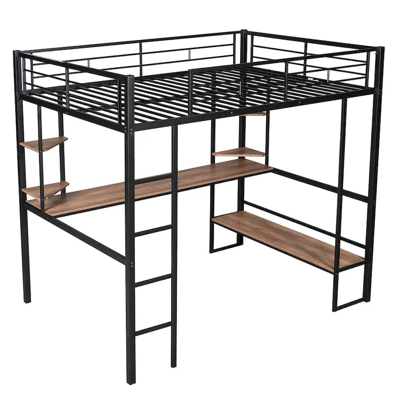 Lit mezzanine double en métal et MDF avec grand bureau et étagères