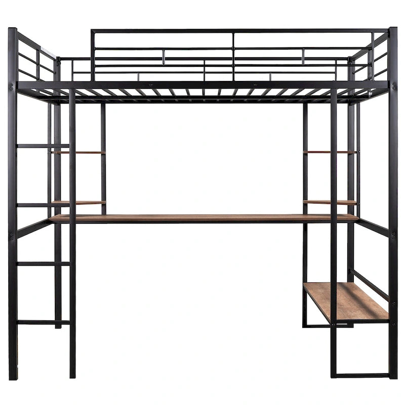 Lit mezzanine double en métal et MDF avec grand bureau et étagères