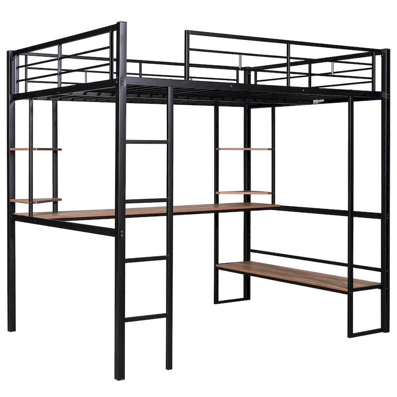 Lit mezzanine double en métal et MDF avec grand bureau et étagères
