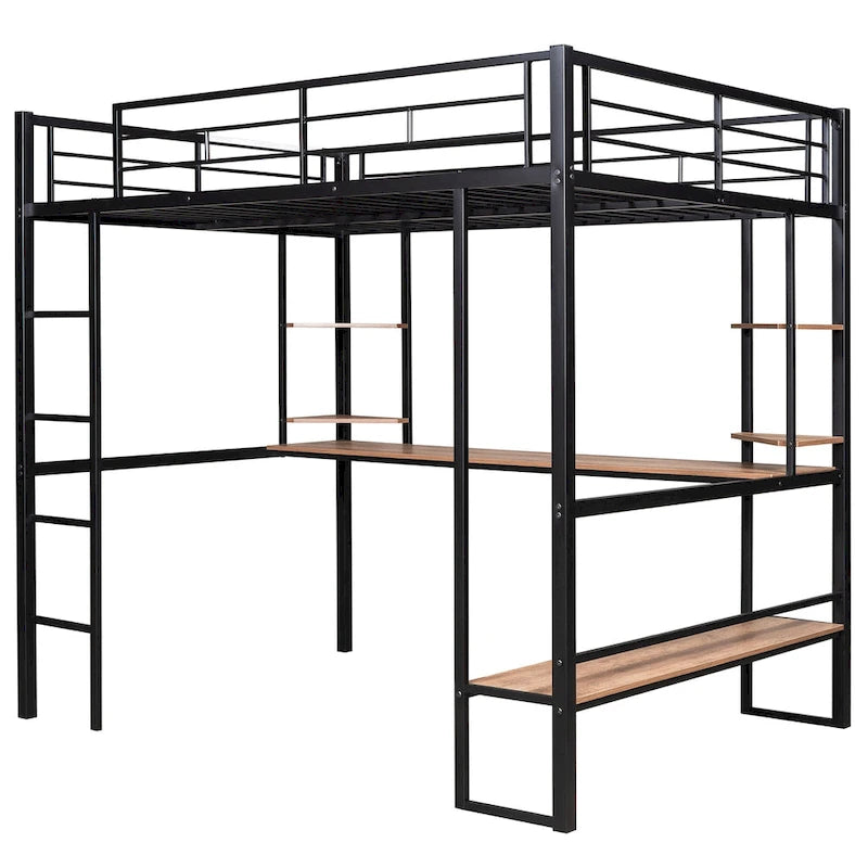 Lit mezzanine double en métal et MDF avec grand bureau et étagères